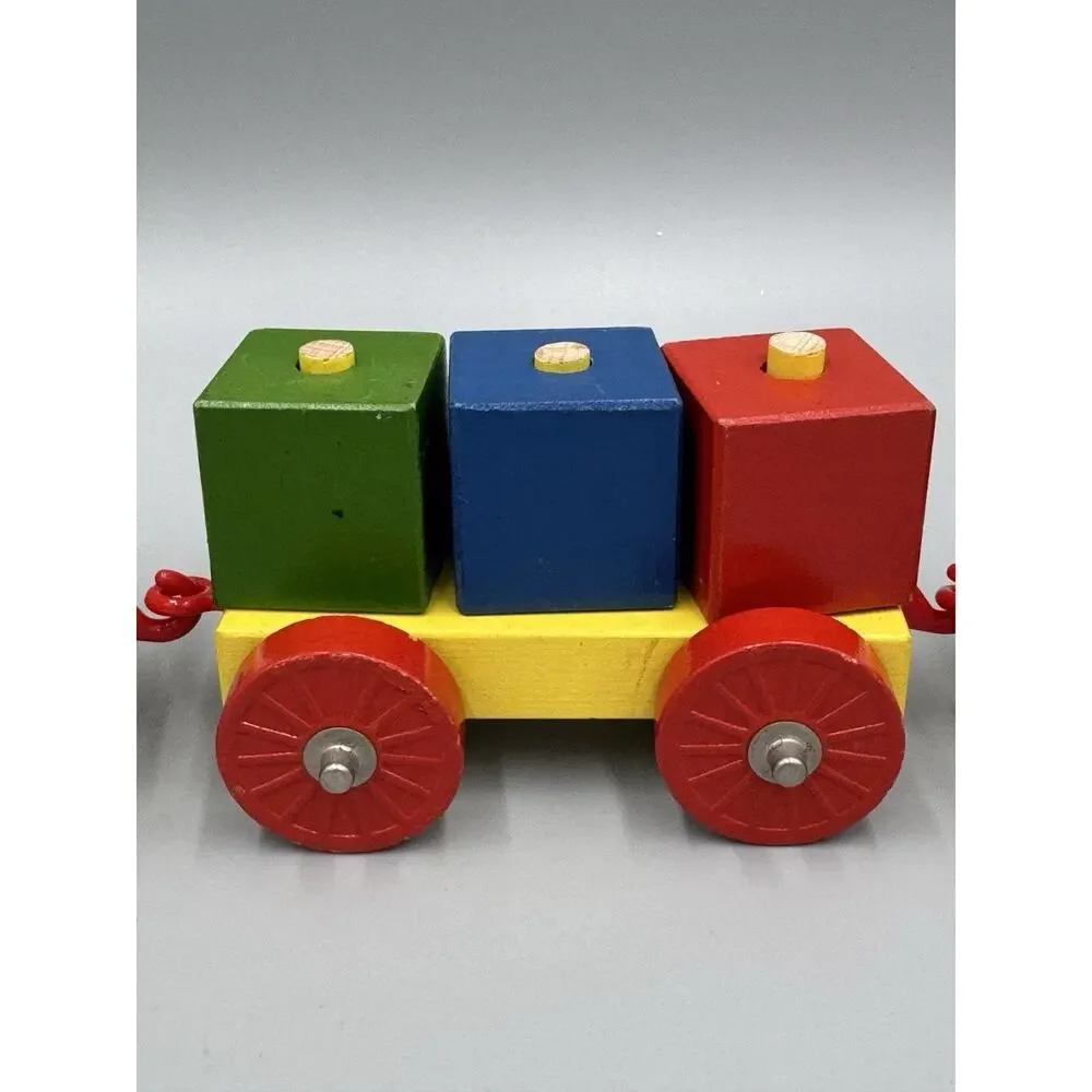 Childrens Wooden Pull Toy Train 4 Cars Primary Colors